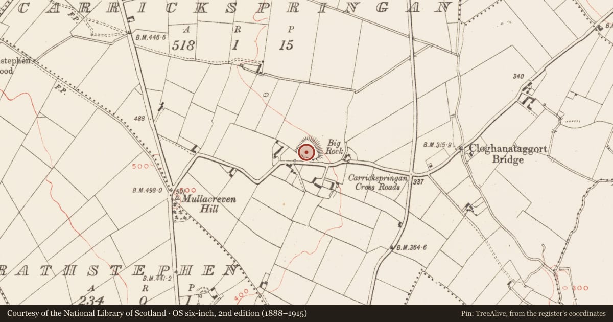 Ordnance Survey six-inch map, 2nd edition (1888–1915) covering the location of Promontory fort - inland, Carrickspringan, County Meath, with a pin at the register's coordinates
