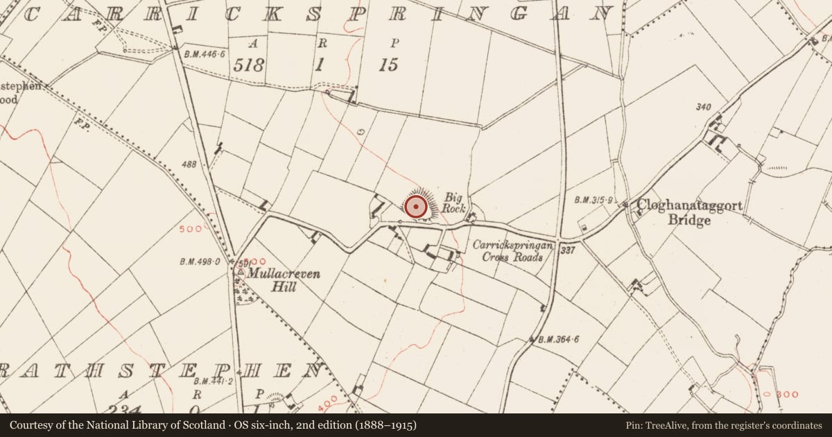 Ordnance Survey six-inch map, 2nd edition (1888–1915) covering the location of House - indeterminate date, Carrickspringan, County Meath, with a pin at the register's coordinates