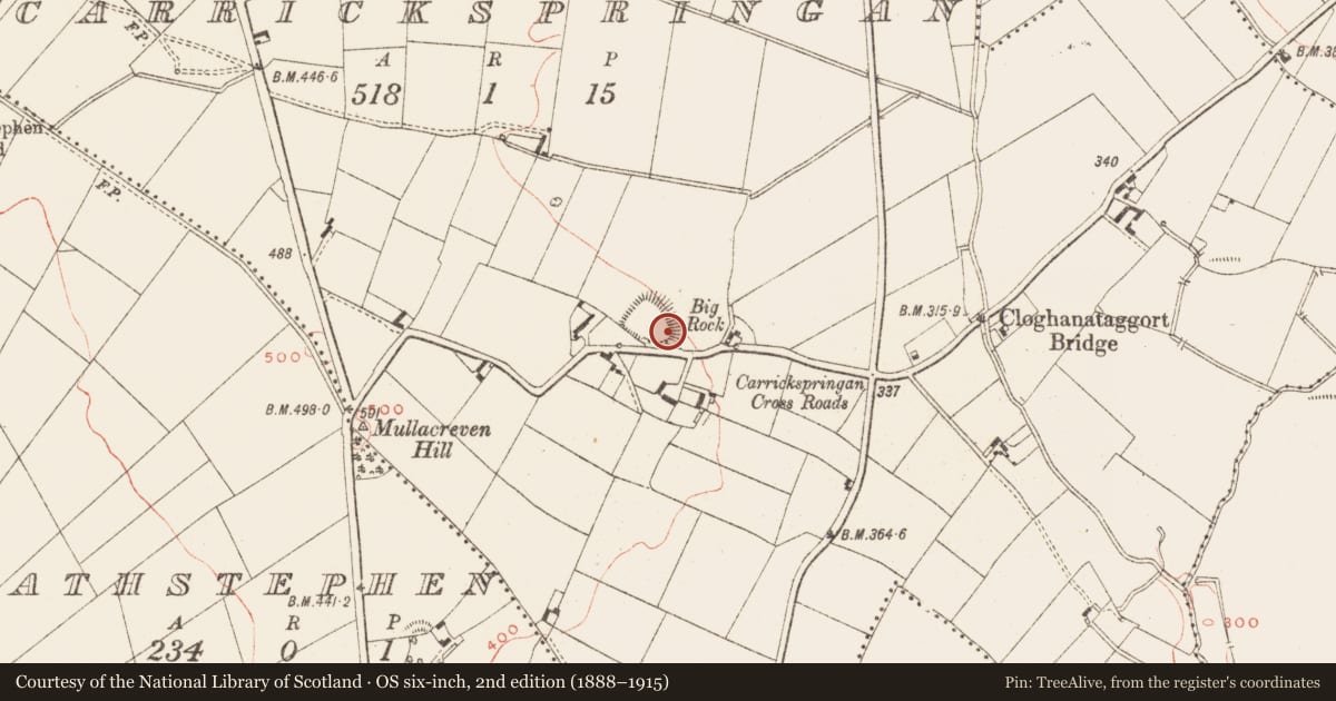 Ordnance Survey six-inch map, 2nd edition (1888–1915) covering the location of House - indeterminate date, Carrickspringan, County Meath, with a pin at the register's coordinates