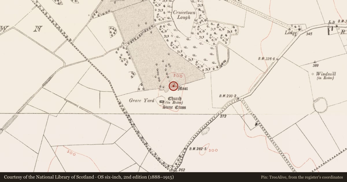 Ordnance Survey six-inch map, 2nd edition (1888–1915) covering the location of Castle - motte and bailey, Cruicetown, County Meath, with a pin at the register's coordinates
