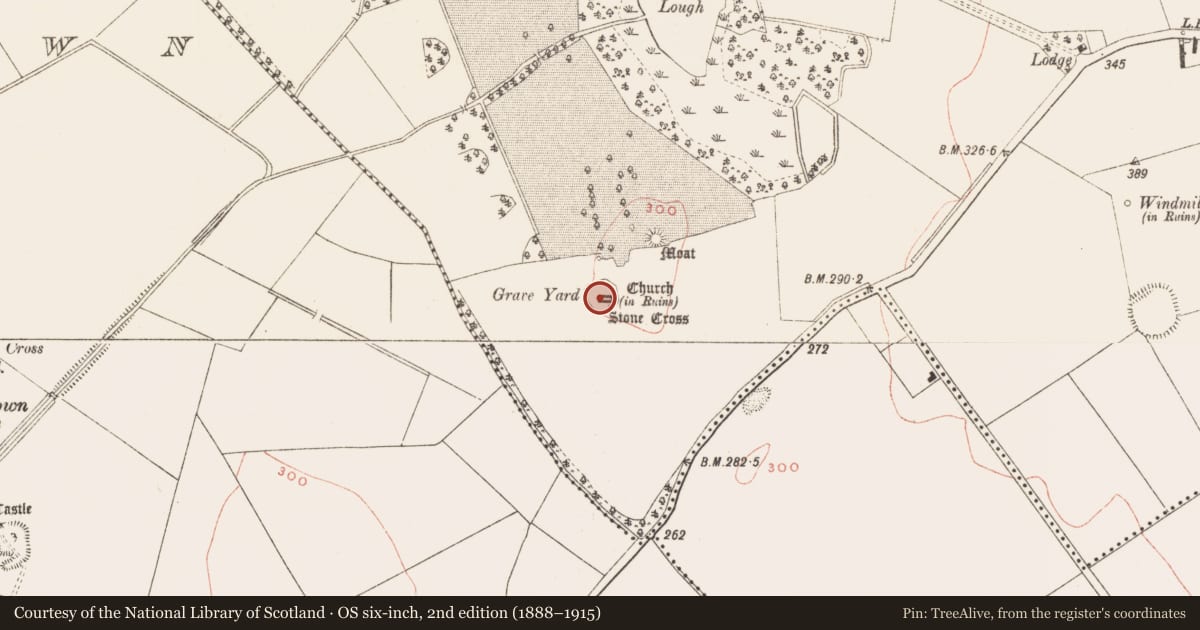 Ordnance Survey six-inch map, 2nd edition (1888–1915) covering the location of Font, Cruicetown, County Meath, with a pin at the register's coordinates