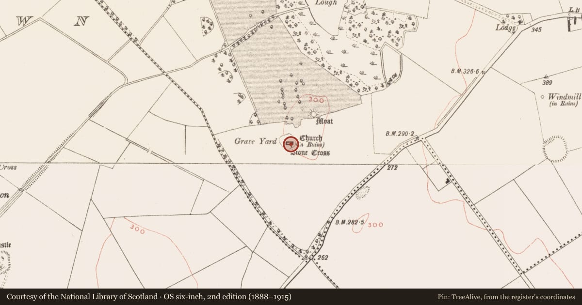 Ordnance Survey six-inch map, 2nd edition (1888–1915) covering the location of Tomb - effigial, Cruicetown, County Meath, with a pin at the register's coordinates