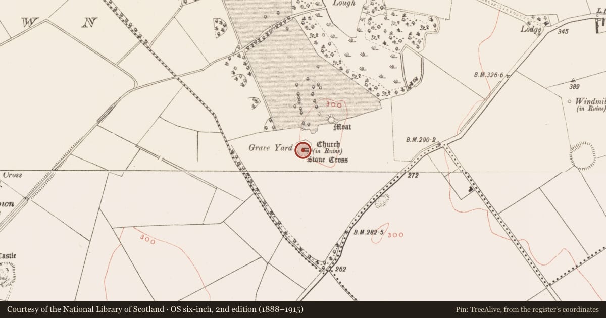 Ordnance Survey six-inch map, 2nd edition (1888–1915) covering the location of Architectural fragment, Cruicetown, County Meath, with a pin at the register's coordinates