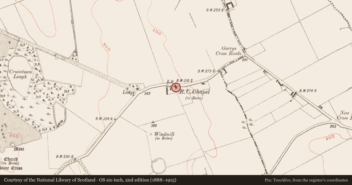 Ordnance Survey six-inch map, 2nd edition (1888–1915) covering the location of Church, Cruicetown, County Meath, with a pin at the register's coordinates