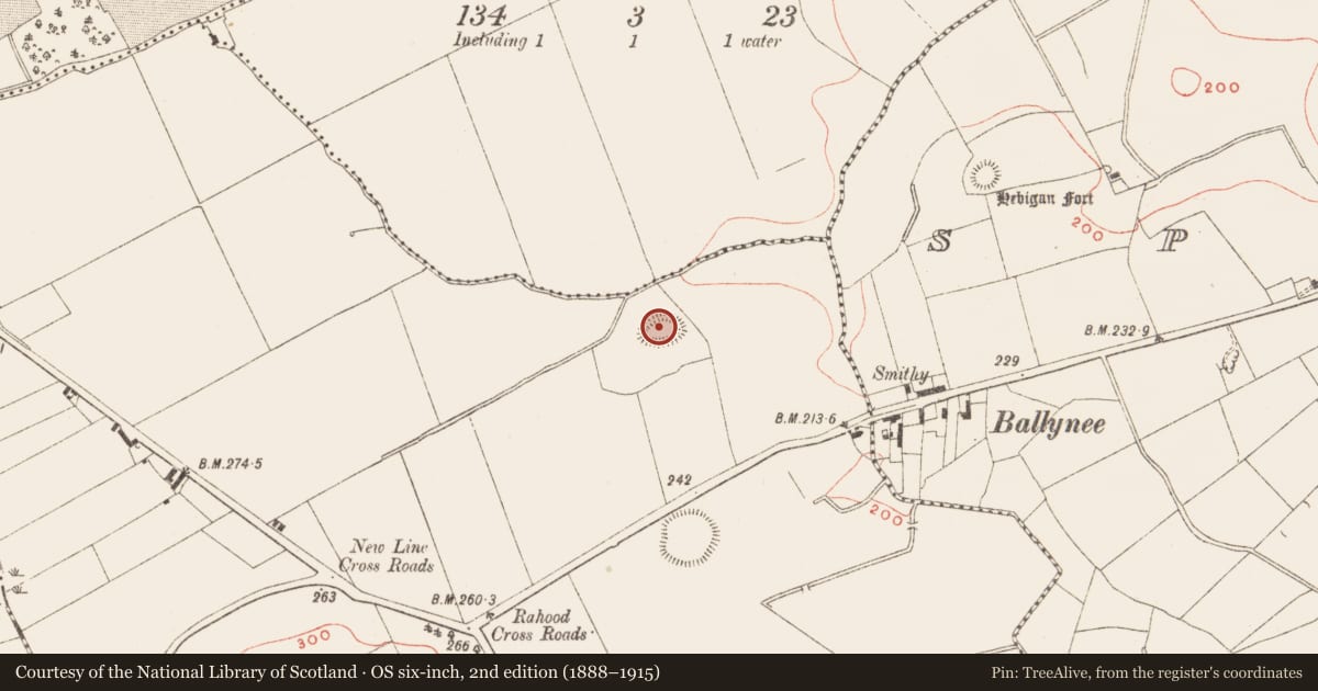 Ordnance Survey six-inch map, 2nd edition (1888–1915) covering the location of Ringfort - rath, Rahood, County Meath, with a pin at the register's coordinates
