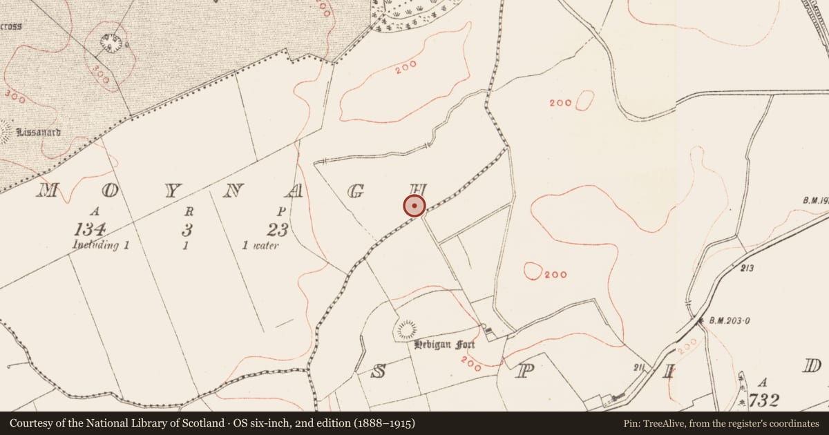 Ordnance Survey six-inch map, 2nd edition (1888–1915) covering the location of Crannog, Moynagh, County Meath, with a pin at the register's coordinates