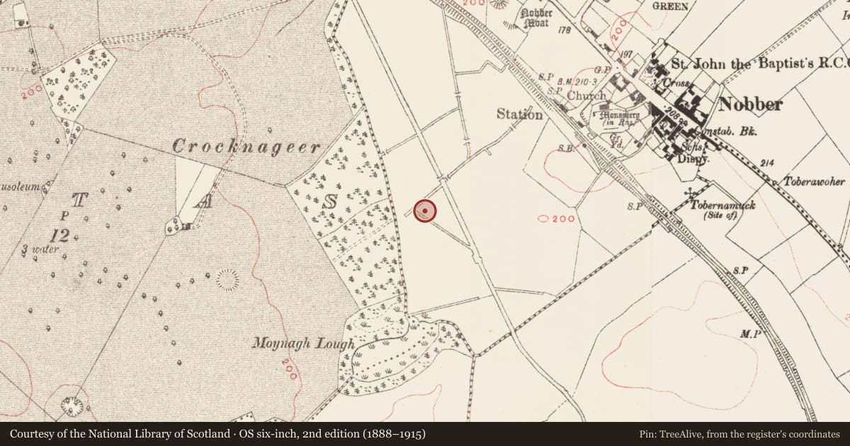 Ordnance Survey six-inch map, 2nd edition (1888–1915) covering the location of Fulacht fia, Nobber, County Meath, with a pin at the register's coordinates
