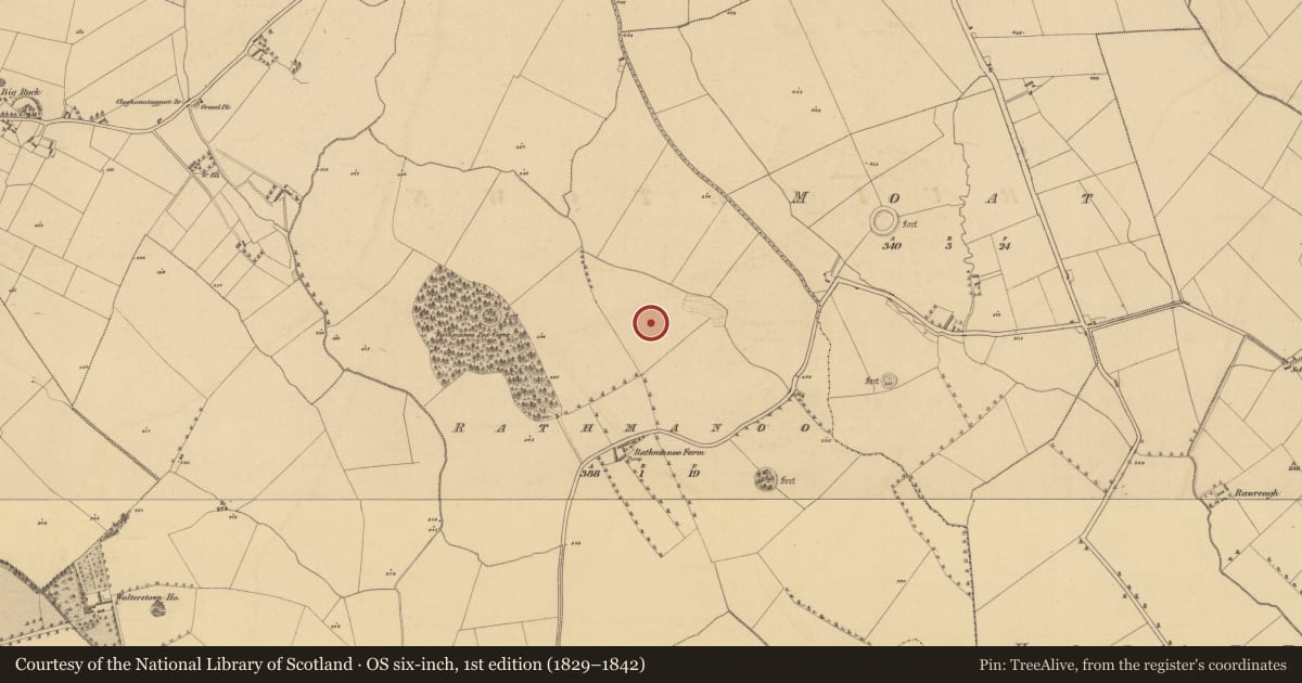 Ordnance Survey six-inch map, 1st edition (1829–1842) covering the location of Earthwork, Rathmanoo, County Meath, with a pin at the register's coordinates