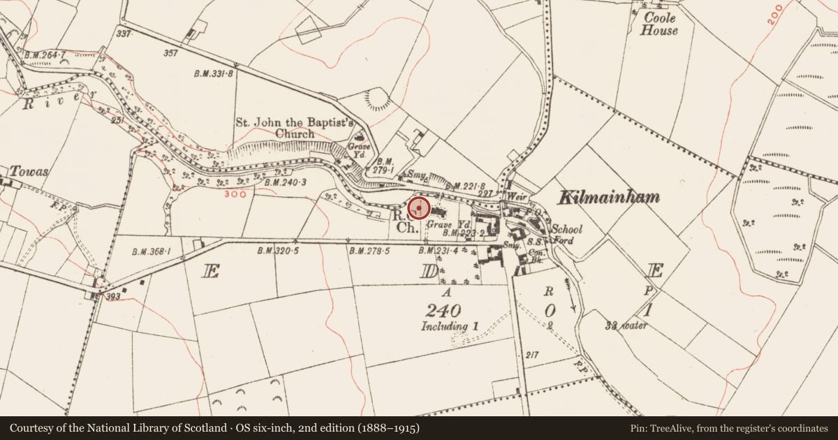 Ordnance Survey six-inch map, 2nd edition (1888–1915) covering the location of Bullaun stone, Eden, County Meath, with a pin at the register's coordinates