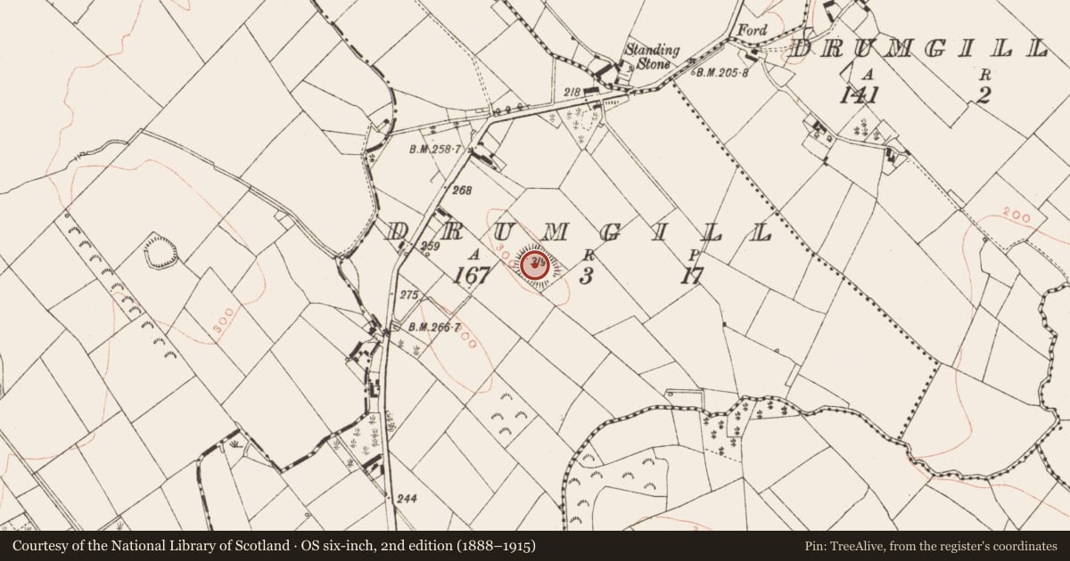 Ordnance Survey six-inch map, 2nd edition (1888–1915) covering the location of Ringfort - rath, Drumgill, County Meath, with a pin at the register's coordinates