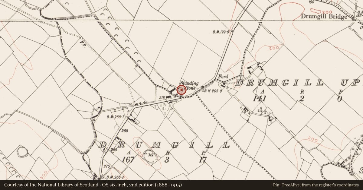 Ordnance Survey six-inch map, 2nd edition (1888–1915) covering the location of Standing stone, Drumgill Lower, County Meath, with a pin at the register's coordinates