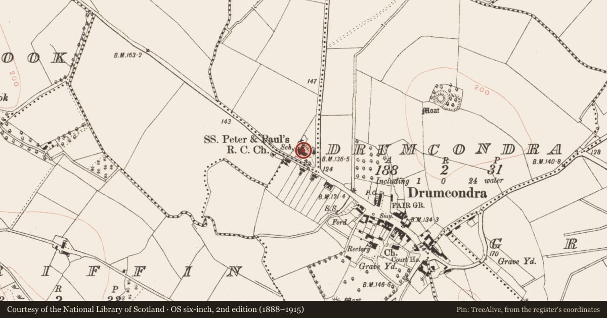 Ordnance Survey six-inch map, 2nd edition (1888–1915) covering the location of Font (present location), Rathtrasna, County Meath, with a pin at the register's coordinates