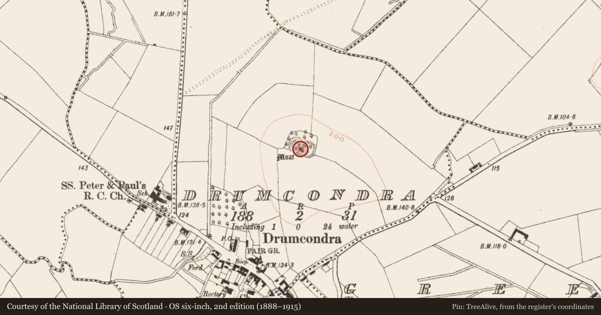 Ordnance Survey six-inch map, 2nd edition (1888–1915) covering the location of Castle - motte and bailey, Drumcondra, County Meath, with a pin at the register's coordinates