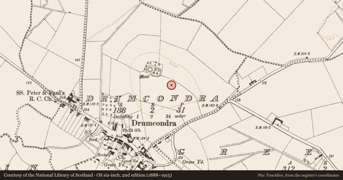 Ordnance Survey six-inch map, 2nd edition (1888–1915) covering the location of Road - road/trackway, Drumcondra, County Meath, with a pin at the register's coordinates
