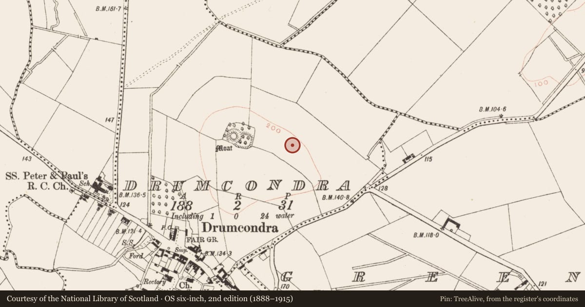 Ordnance Survey six-inch map, 2nd edition (1888–1915) covering the location of Field system, Drumcondra, County Meath, with a pin at the register's coordinates