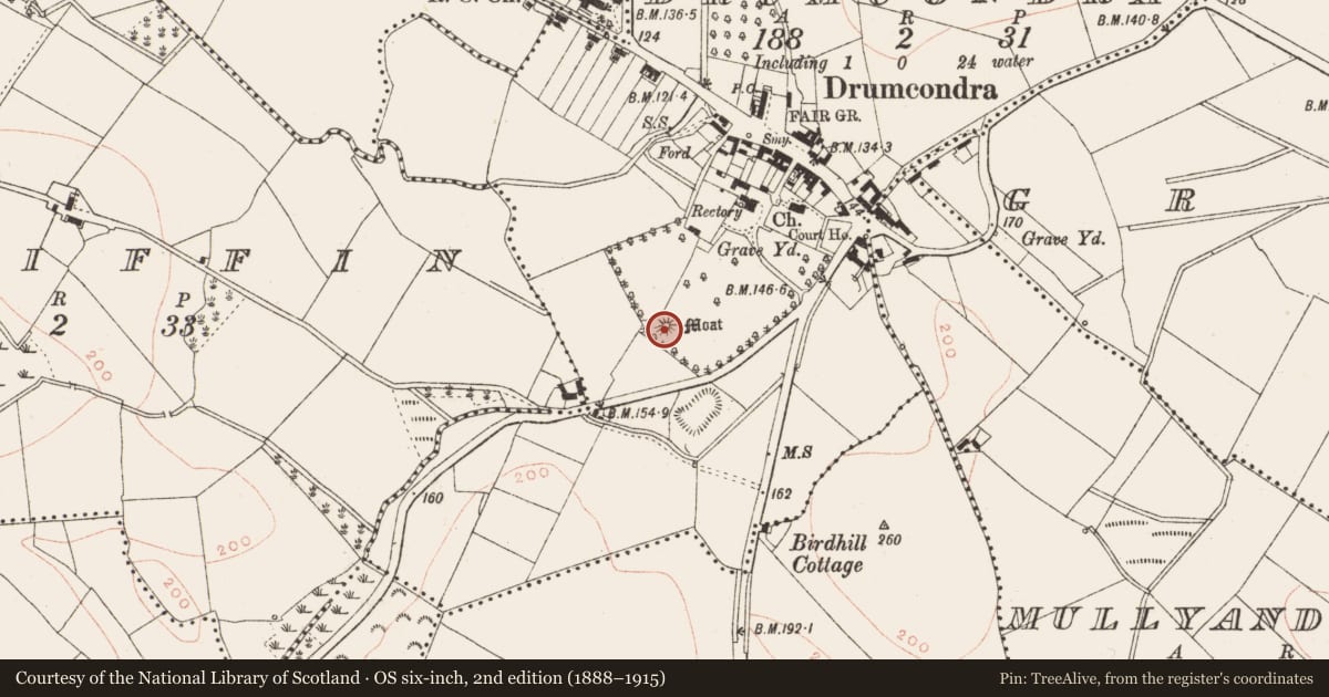 Ordnance Survey six-inch map, 2nd edition (1888–1915) covering the location of Castle - motte, Drumcondra, County Meath, with a pin at the register's coordinates