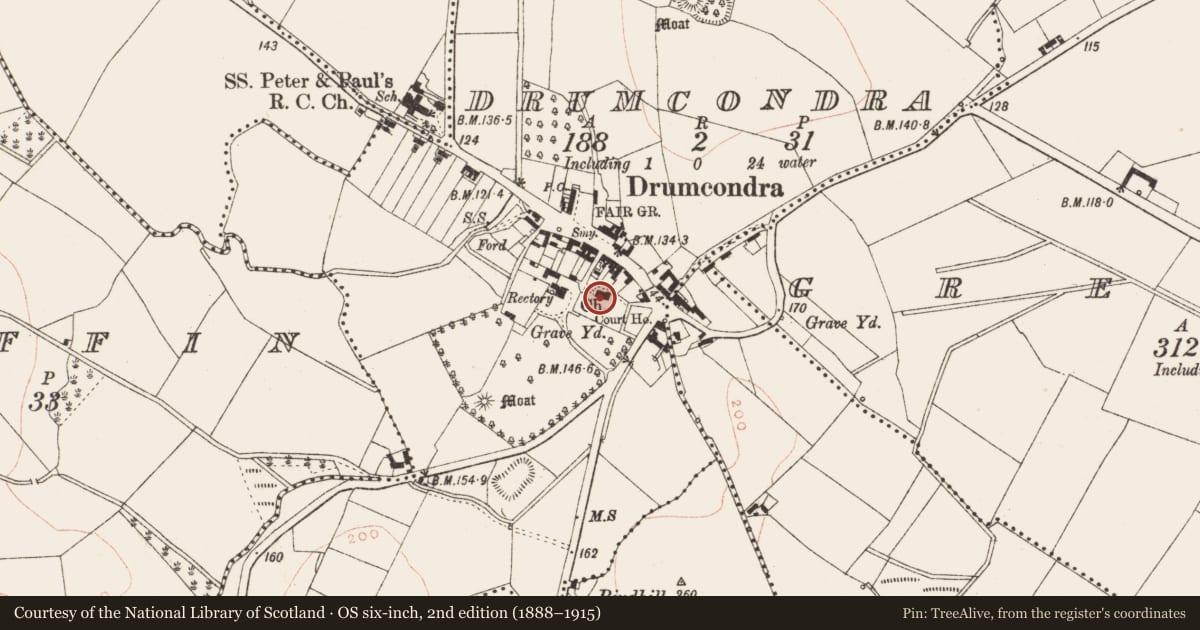 Ordnance Survey six-inch map, 2nd edition (1888–1915) covering the location of Church, Drumcondra, County Meath, with a pin at the register's coordinates