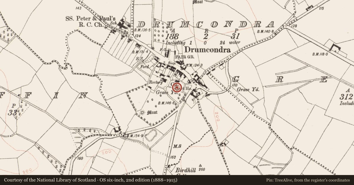 Ordnance Survey six-inch map, 2nd edition (1888–1915) covering the location of Cross-slab, Drumcondra, County Meath, with a pin at the register's coordinates