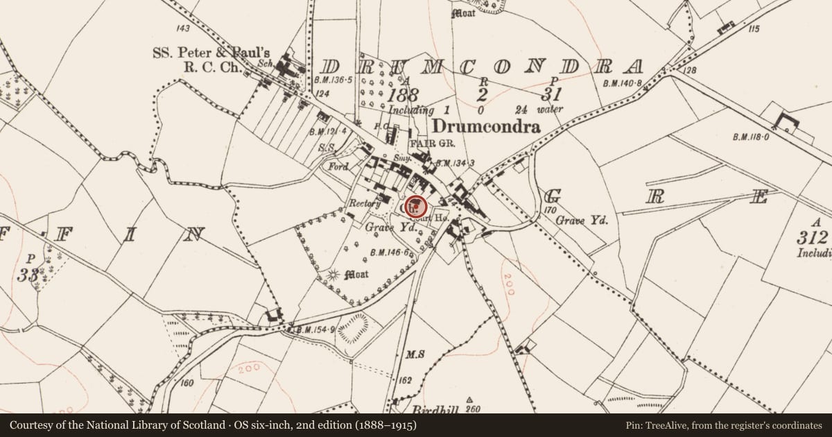 Ordnance Survey six-inch map, 2nd edition (1888–1915) covering the location of Font, Drumcondra, County Meath, with a pin at the register's coordinates