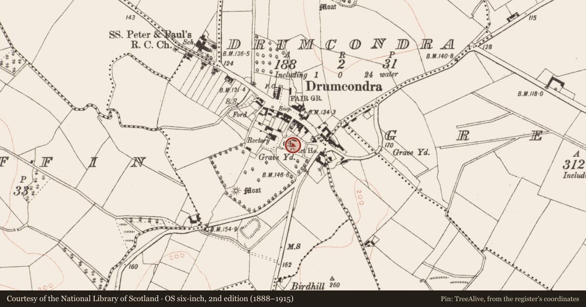 Ordnance Survey six-inch map, 2nd edition (1888–1915) covering the location of Graveyard, Drumcondra, County Meath, with a pin at the register's coordinates