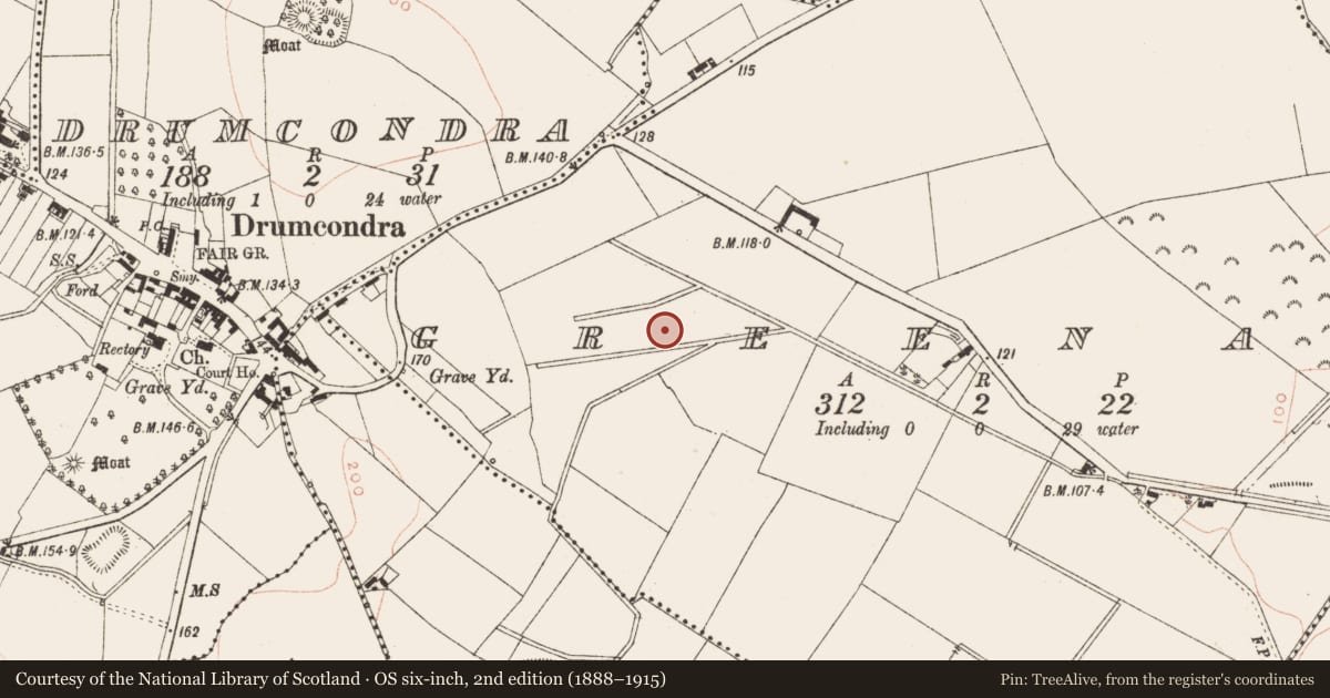 Ordnance Survey six-inch map, 2nd edition (1888–1915) covering the location of Fulacht fia, Greenan, County Meath, with a pin at the register's coordinates