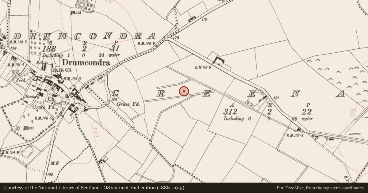 Ordnance Survey six-inch map, 2nd edition (1888–1915) covering the location of Fulacht fia, Greenan, County Meath, with a pin at the register's coordinates