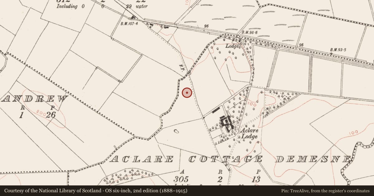 Ordnance Survey six-inch map, 2nd edition (1888–1915) covering the location of Ring-ditch, Aclare Cottage Demesne, County Meath, with a pin at the register's coordinates