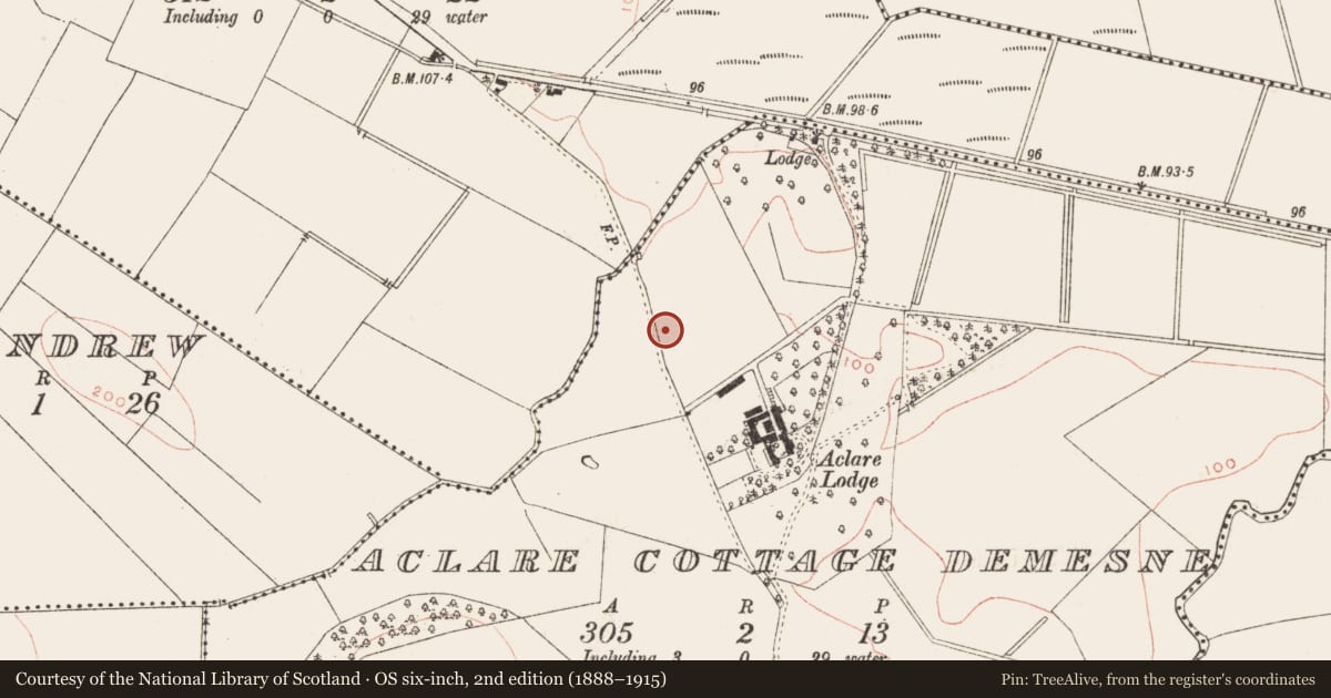 Ordnance Survey six-inch map, 2nd edition (1888–1915) covering the location of Ring-ditch, Aclare Cottage Demesne, County Meath, with a pin at the register's coordinates