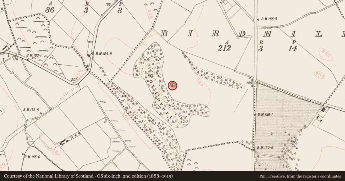 Ordnance Survey six-inch map, 2nd edition (1888–1915) covering the location of Barrow - ring-barrow, Birdhill, County Meath, with a pin at the register's coordinates