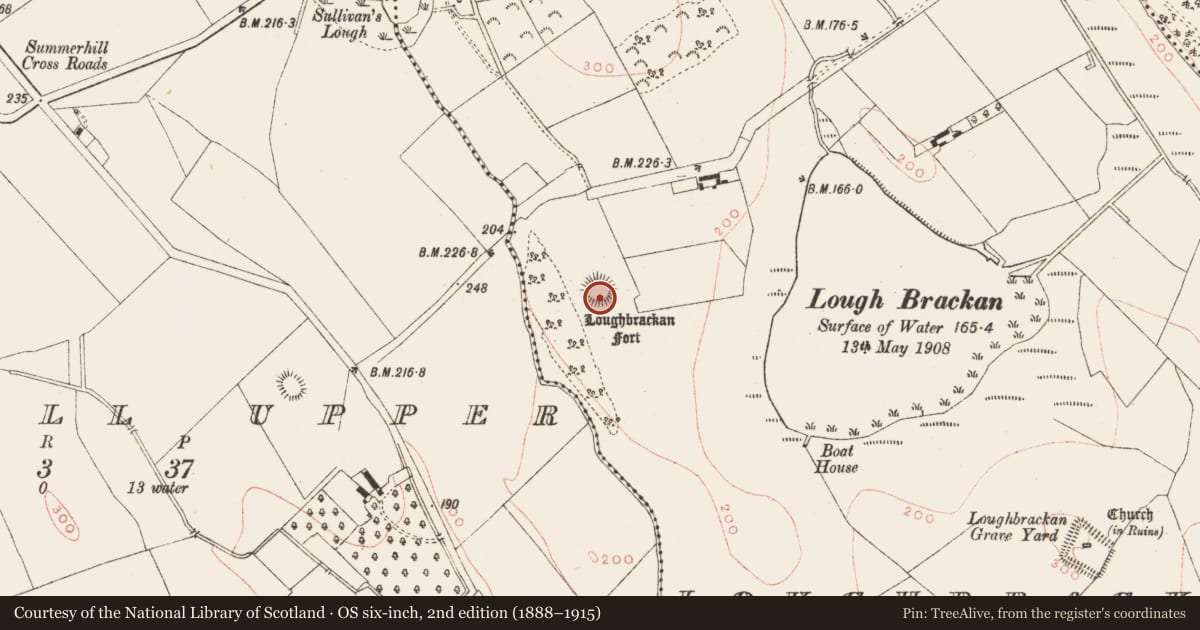 Ordnance Survey six-inch map, 2nd edition (1888–1915) covering the location of Castle - motte and bailey, Loughbrackan, County Meath, with a pin at the register's coordinates