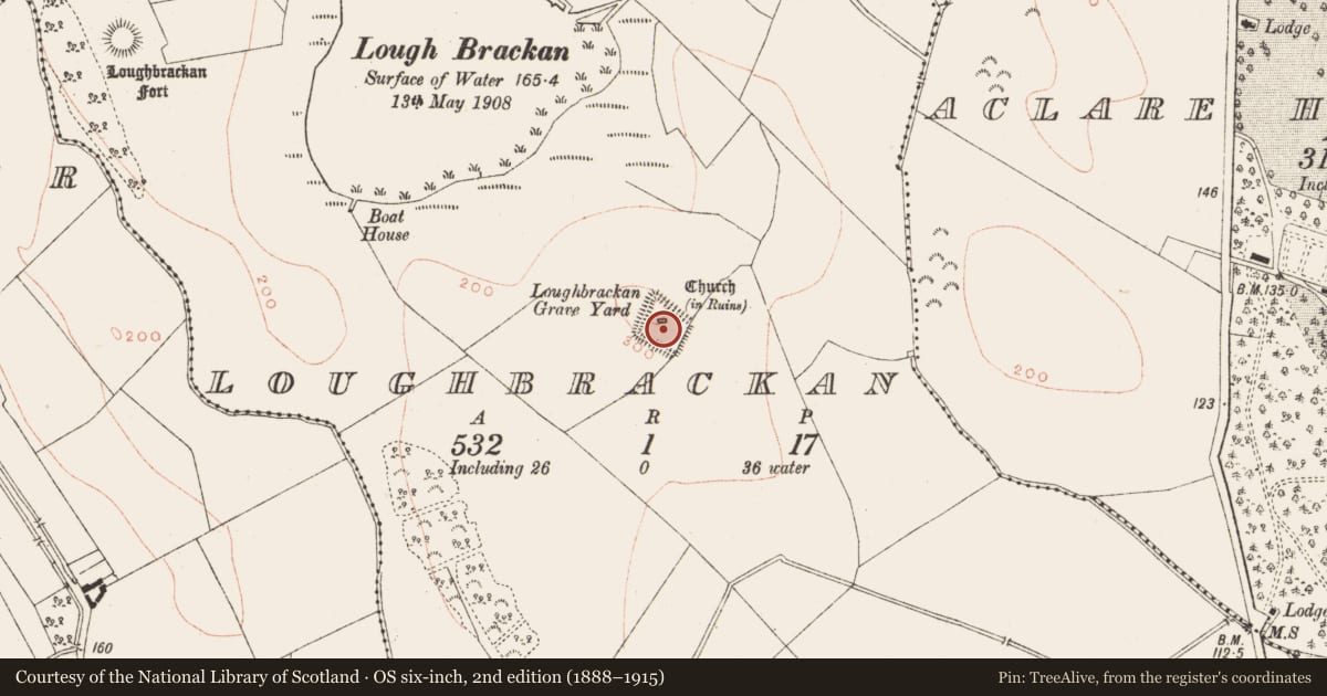 Ordnance Survey six-inch map, 2nd edition (1888–1915) covering the location of Church, Loughbrackan, County Meath, with a pin at the register's coordinates