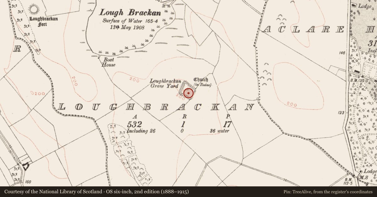 Ordnance Survey six-inch map, 2nd edition (1888–1915) covering the location of Graveyard, Loughbrackan, County Meath, with a pin at the register's coordinates