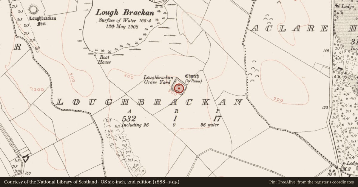 Ordnance Survey six-inch map, 2nd edition (1888–1915) covering the location of Font, Loughbrackan, County Meath, with a pin at the register's coordinates