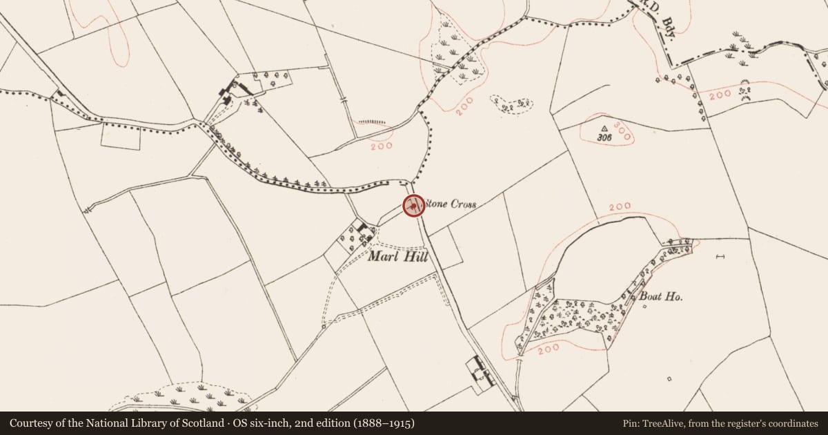 Ordnance Survey six-inch map, 2nd edition (1888–1915) covering the location of Cross, Julianstown (Morgallion Bar., Nobber Par.), County Meath, with a pin at the register's coordinates