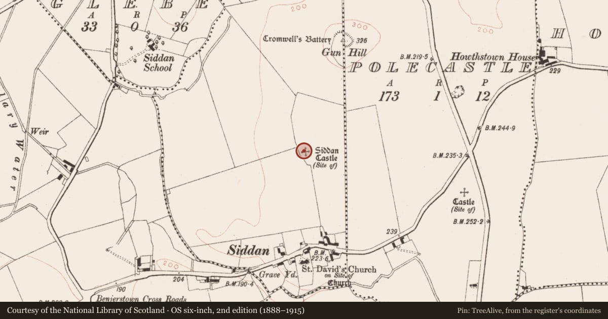 Ordnance Survey six-inch map, 2nd edition (1888–1915) covering the location of Castle - unclassified, Siddan, County Meath, with a pin at the register's coordinates