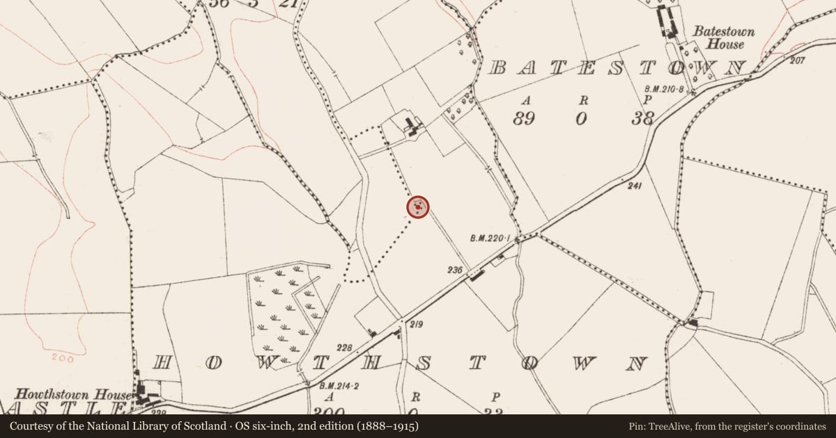 Ordnance Survey six-inch map, 2nd edition (1888–1915) covering the location of Earthwork, Braysland, Howthstown, County Meath, with a pin at the register's coordinates