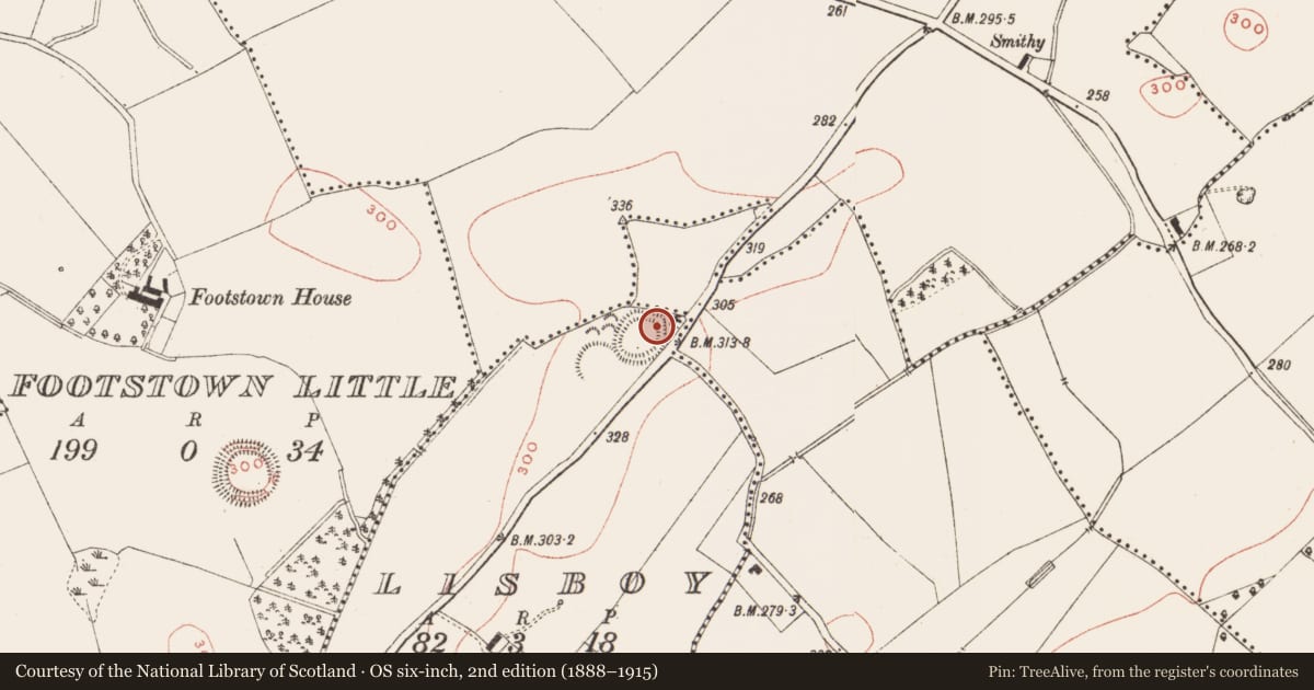 Ordnance Survey six-inch map, 2nd edition (1888–1915) covering the location of Souterrain, Lisboy, County Meath, with a pin at the register's coordinates