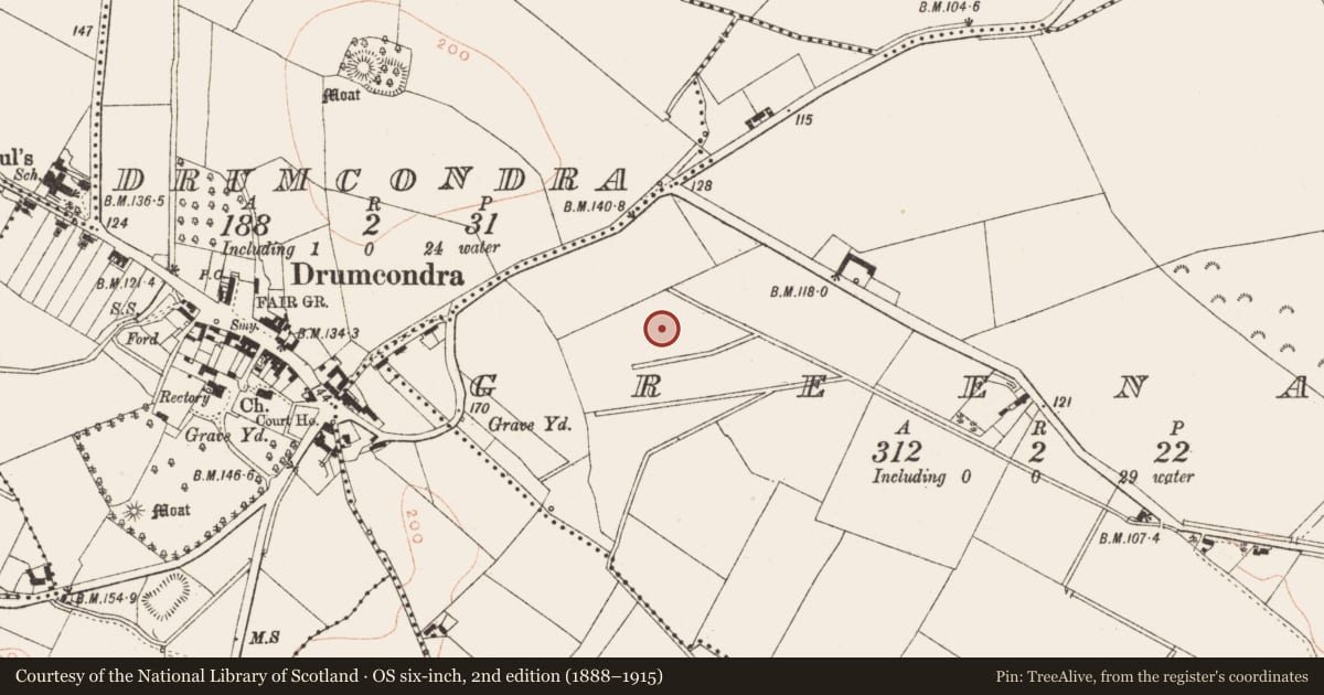 Ordnance Survey six-inch map, 2nd edition (1888–1915) covering the location of Fulacht fia, Greenan, County Meath, with a pin at the register's coordinates