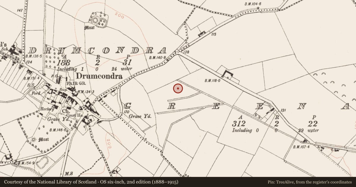 Ordnance Survey six-inch map, 2nd edition (1888–1915) covering the location of Fulacht fia, Greenan, County Meath, with a pin at the register's coordinates