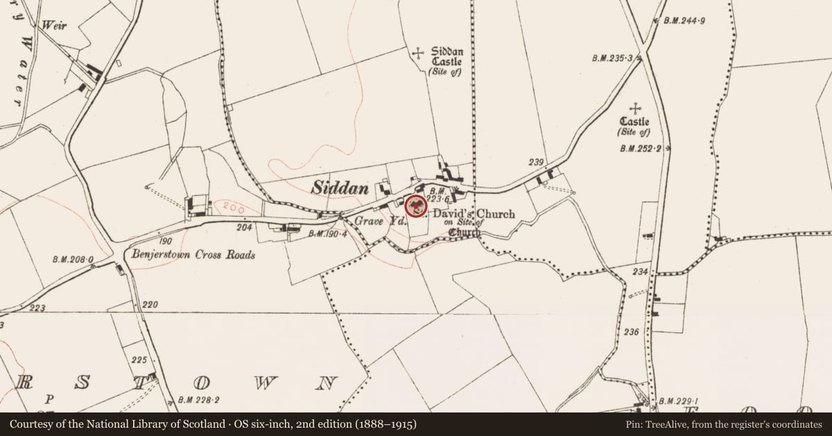 Ordnance Survey six-inch map, 2nd edition (1888–1915) covering the location of Church, Siddan, County Meath, with a pin at the register's coordinates
