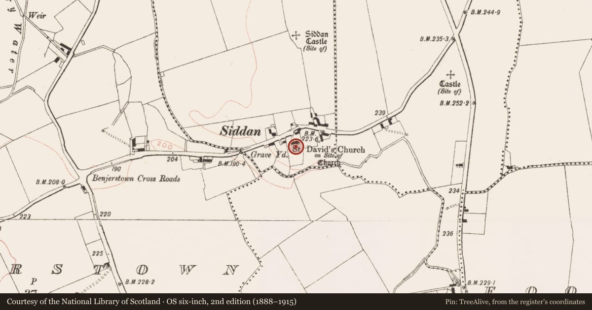 Ordnance Survey six-inch map, 2nd edition (1888–1915) covering the location of Cross-slab, Siddan, County Meath, with a pin at the register's coordinates