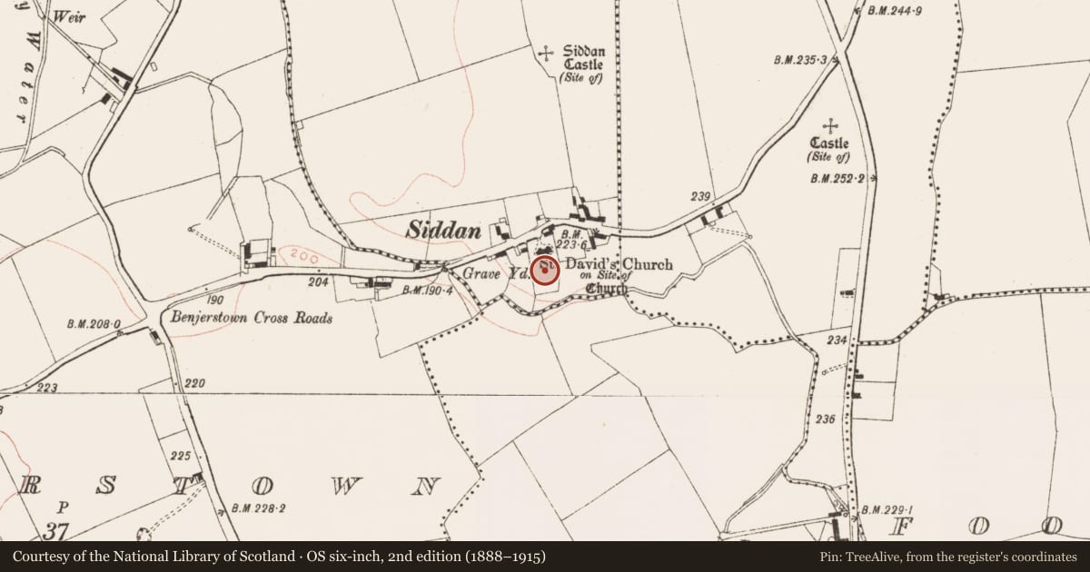 Ordnance Survey six-inch map, 2nd edition (1888–1915) covering the location of Graveyard, Siddan, County Meath, with a pin at the register's coordinates