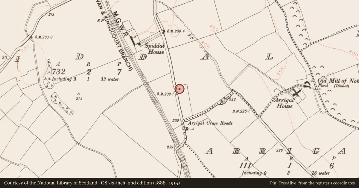 Ordnance Survey six-inch map, 2nd edition (1888–1915) covering the location of Ogham stone, Spiddal, County Meath, with a pin at the register's coordinates