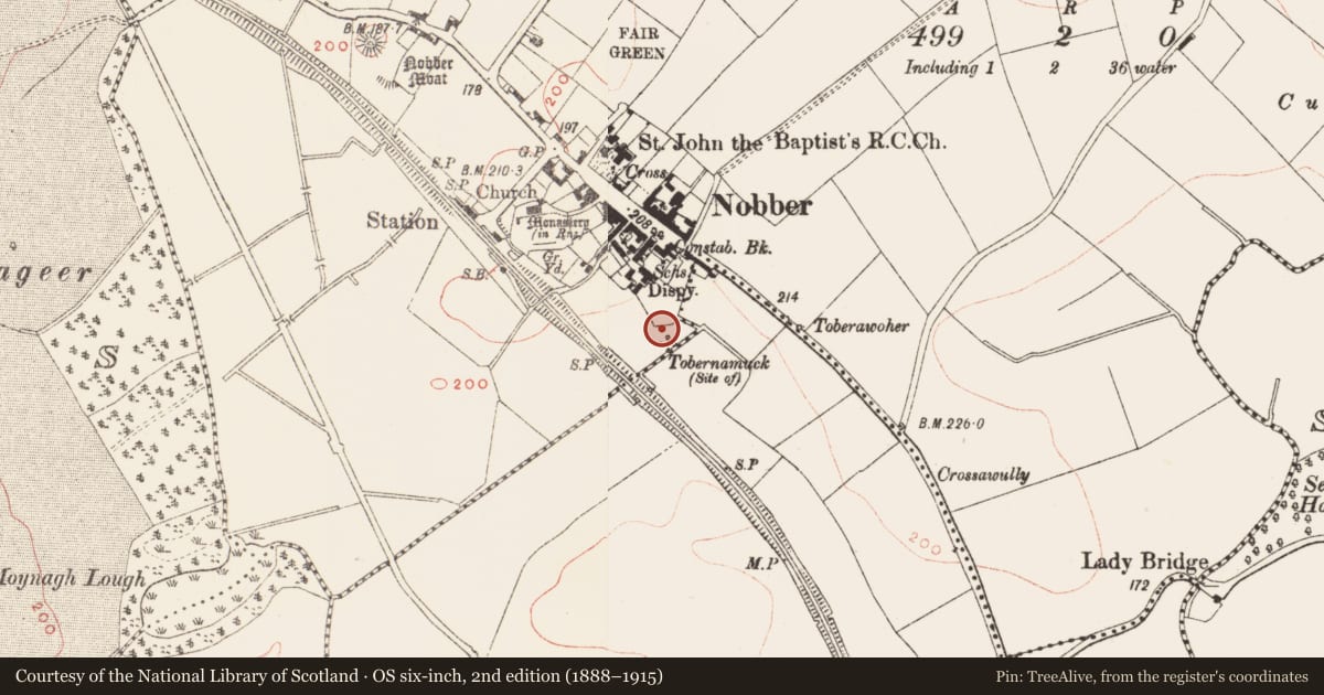 Ordnance Survey six-inch map, 2nd edition (1888–1915) covering the location of Fulacht fia, Nobber, County Meath, with a pin at the register's coordinates
