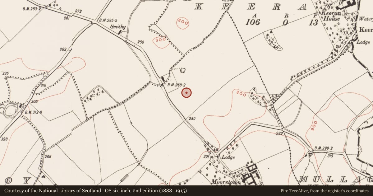 Ordnance Survey six-inch map, 2nd edition (1888–1915) covering the location of Burial, Mooretown, County Meath, with a pin at the register's coordinates