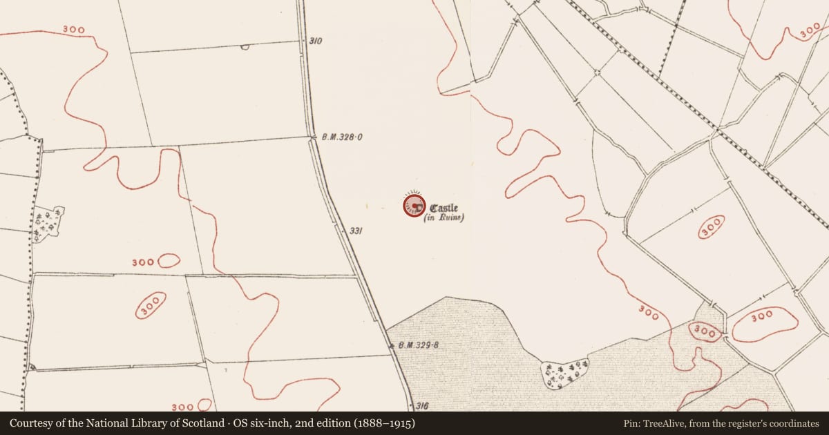 Ordnance Survey six-inch map, 2nd edition (1888–1915) covering the location of Castle - unclassified, Crossdrum Lower, County Meath, with a pin at the register's coordinates