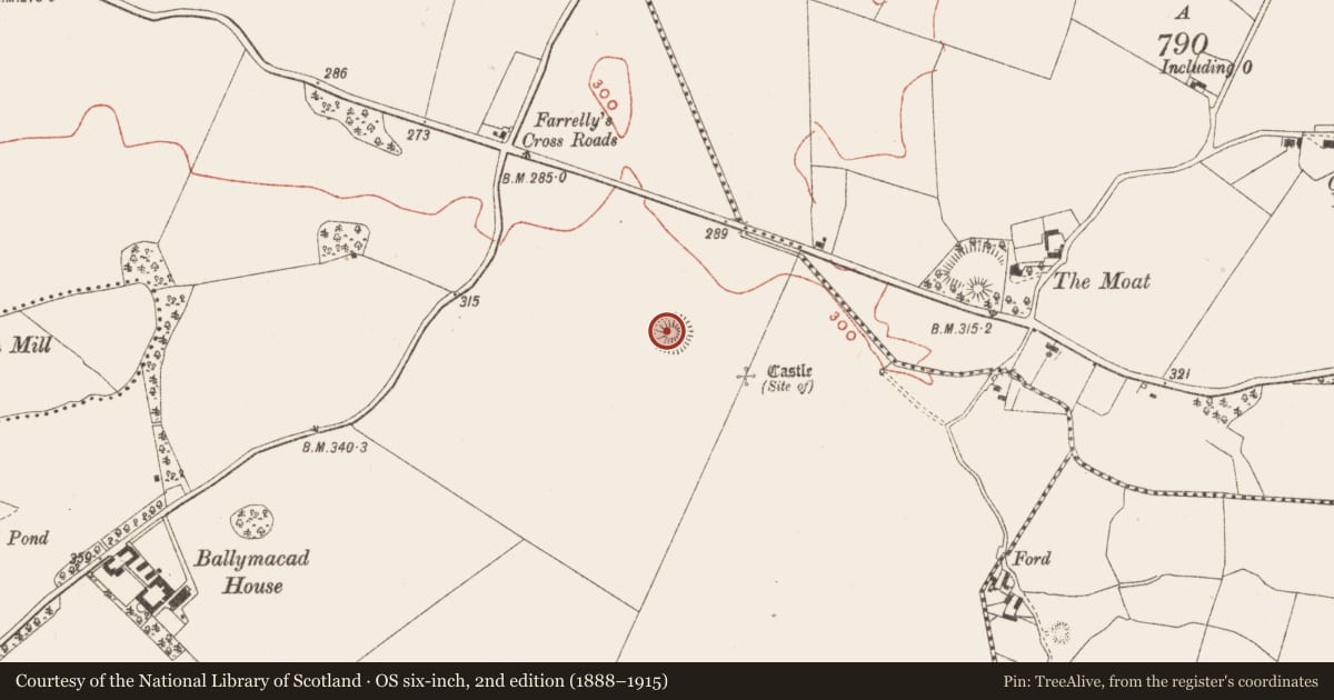 Ordnance Survey six-inch map, 2nd edition (1888–1915) covering the location of Castle - motte, Ballymacad, County Meath, with a pin at the register's coordinates