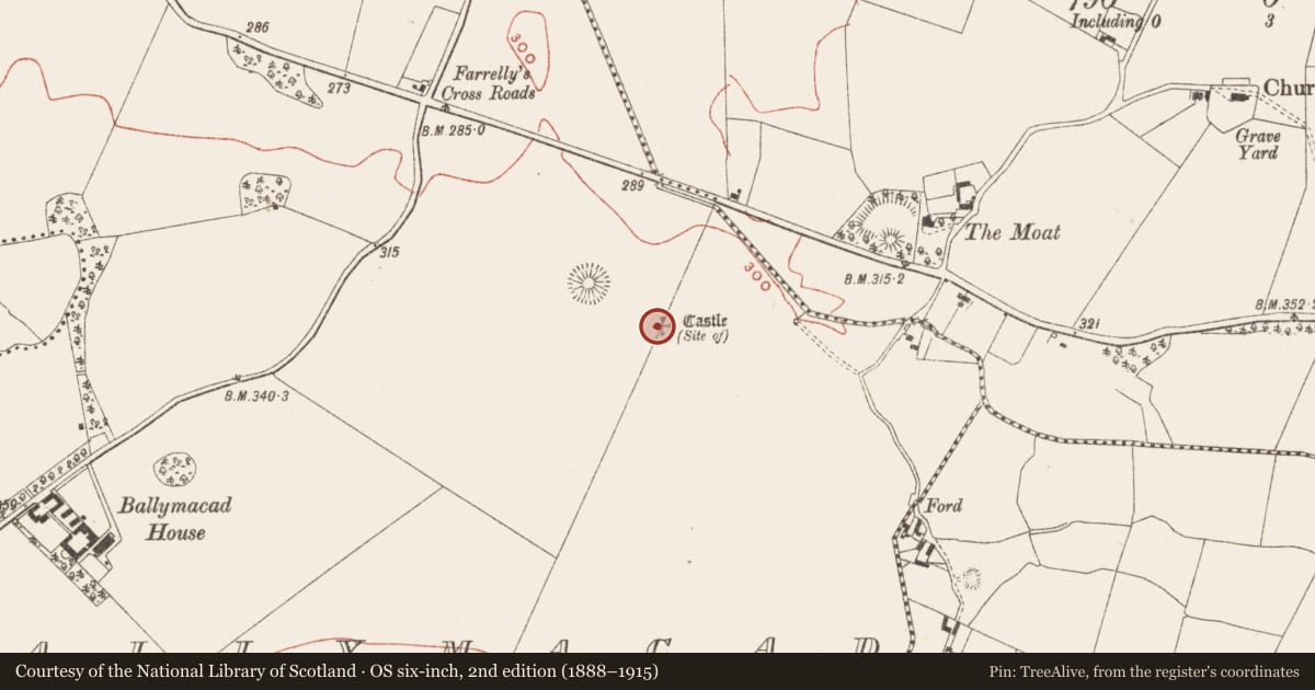 Ordnance Survey six-inch map, 2nd edition (1888–1915) covering the location of Castle - unclassified, Ballymacad, County Meath, with a pin at the register's coordinates