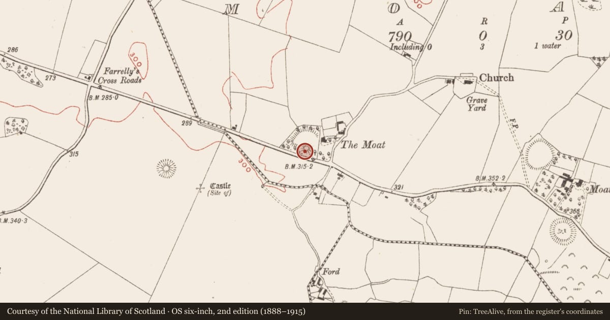 Ordnance Survey six-inch map, 2nd edition (1888–1915) covering the location of Souterrain, Moat, County Meath, with a pin at the register's coordinates