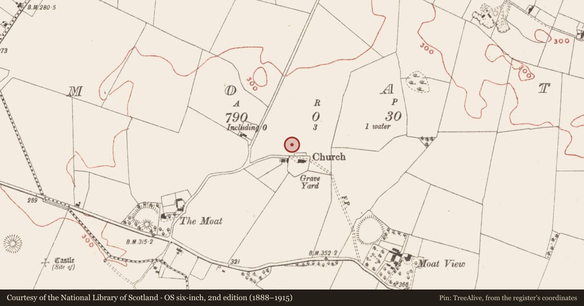 Ordnance Survey six-inch map, 2nd edition (1888–1915) covering the location of Ecclesiastical enclosure, Moat, County Meath, with a pin at the register's coordinates